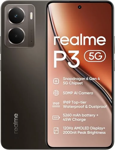 realme P3 5G Smartphone 12GB+512GB – Snapdragon 6 Gen 4, 5260mAh Battery, 45W Fast Charge, 120Hz AMOLED, IP69 Water Resistant